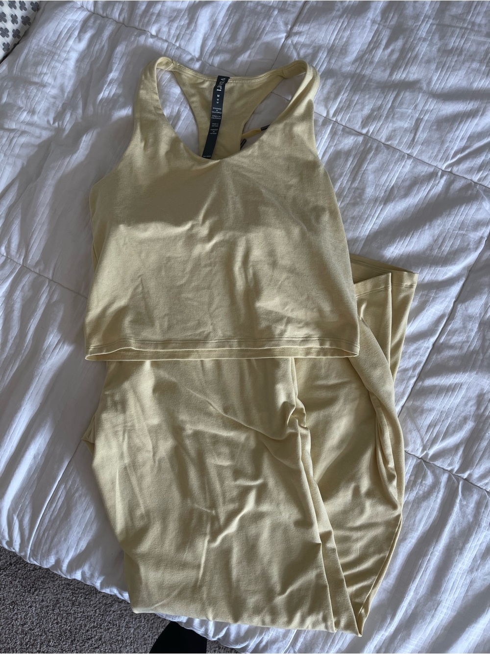 Vuori Pale Yellow Racerback Crop Sports Bra and Halo Wide Leg Pant Set